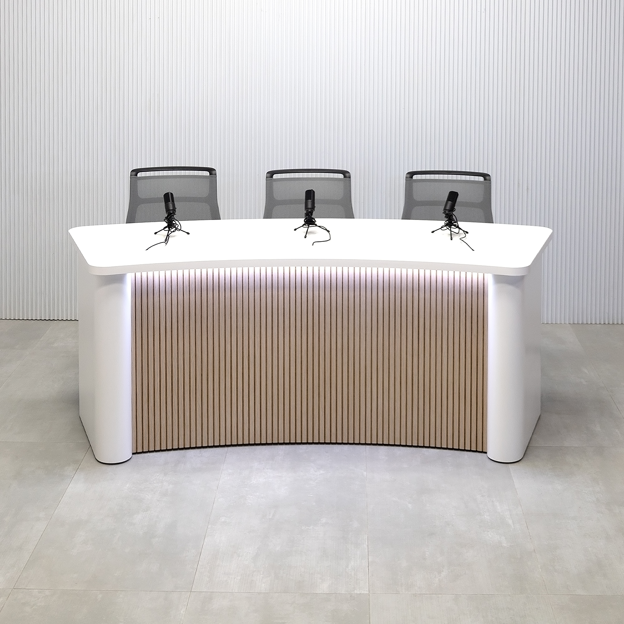 90-inch Moab Podcast Table in Dover Off-White matte laminate top, column, and back. Washed Oak tambour front panel, and warm white LED.