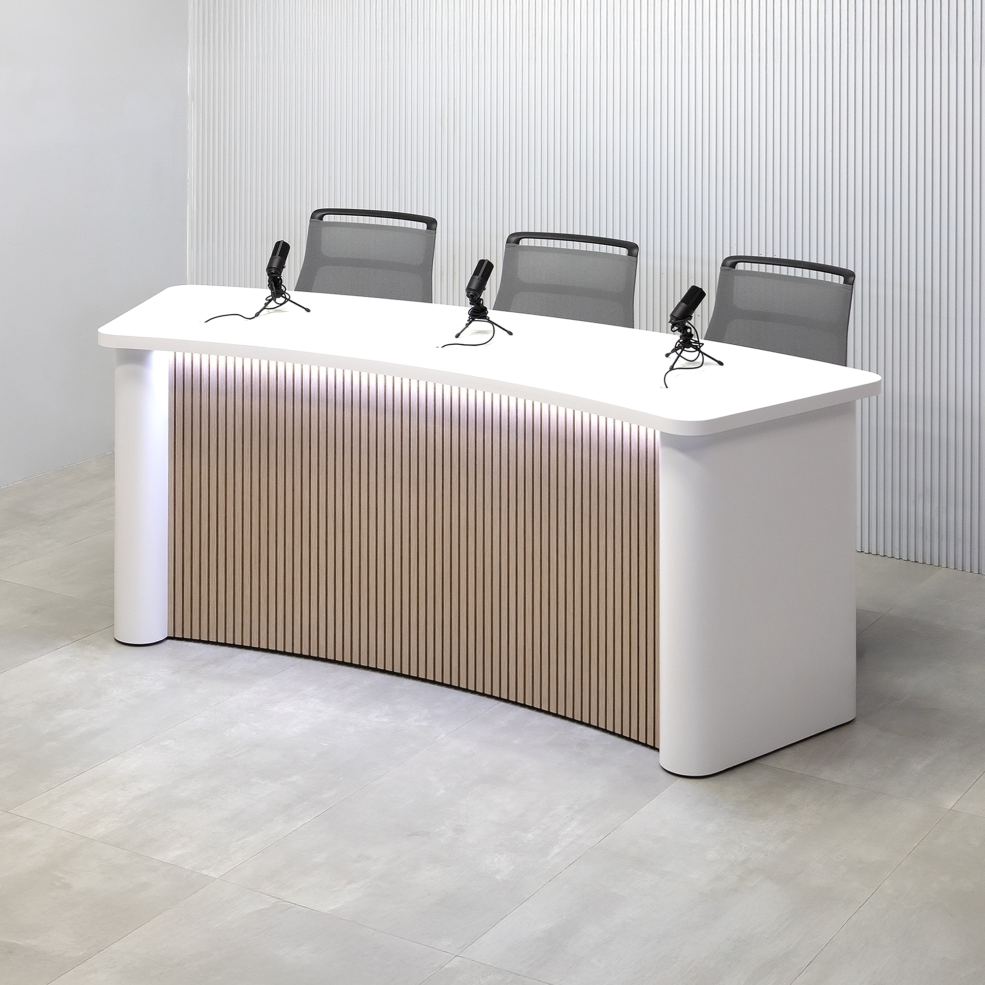 90-inch Moab Podcast Table in Dover Off-White matte laminate top, column, and back. Washed Oak tambour front panel, and warm white LED.