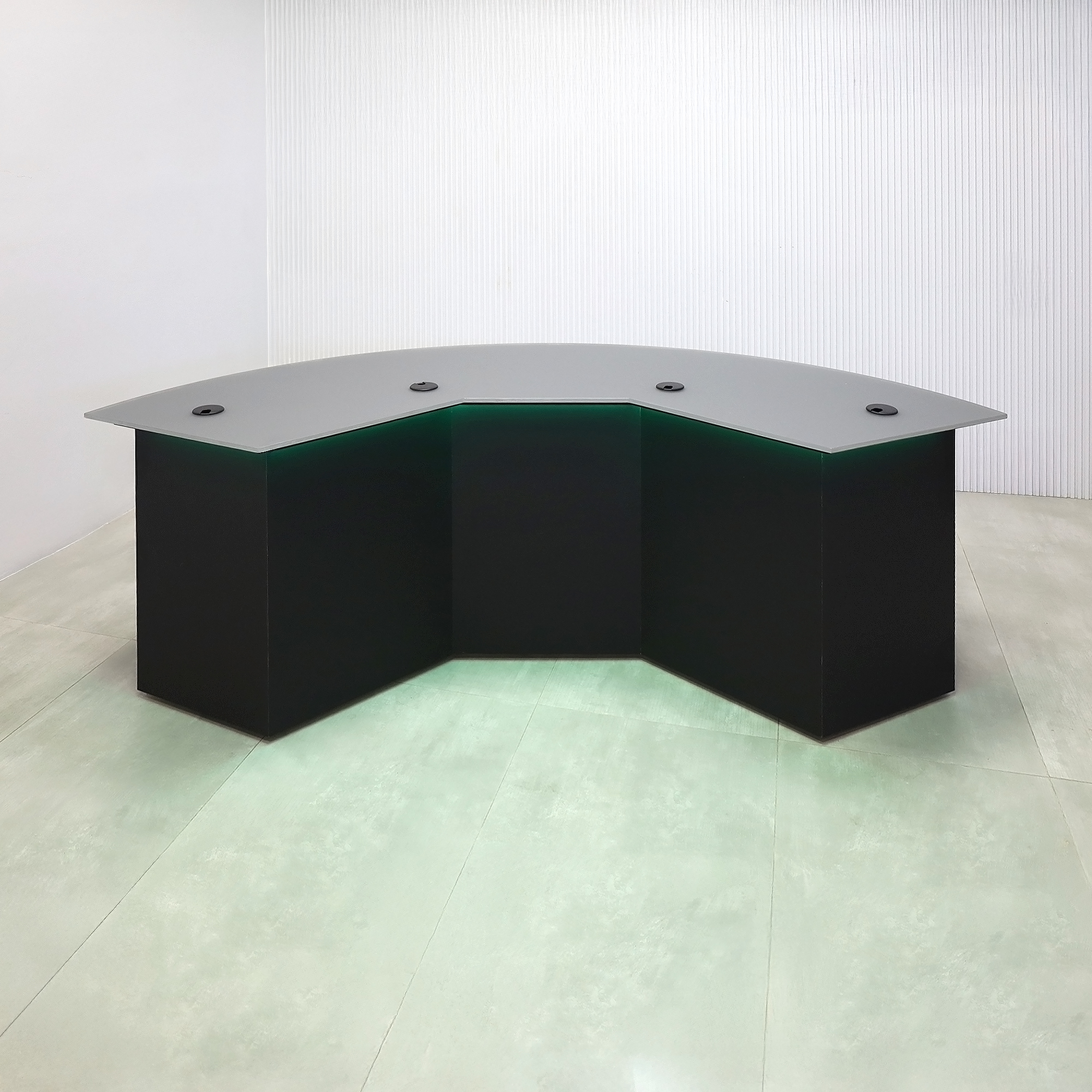 90-inch Tampa Bay Podcast Table with satin Glass Dark Gray Storm Sky top, Black Traceless Laminate front base, Black Cinder Matte Laminate back base, and Colored LED.