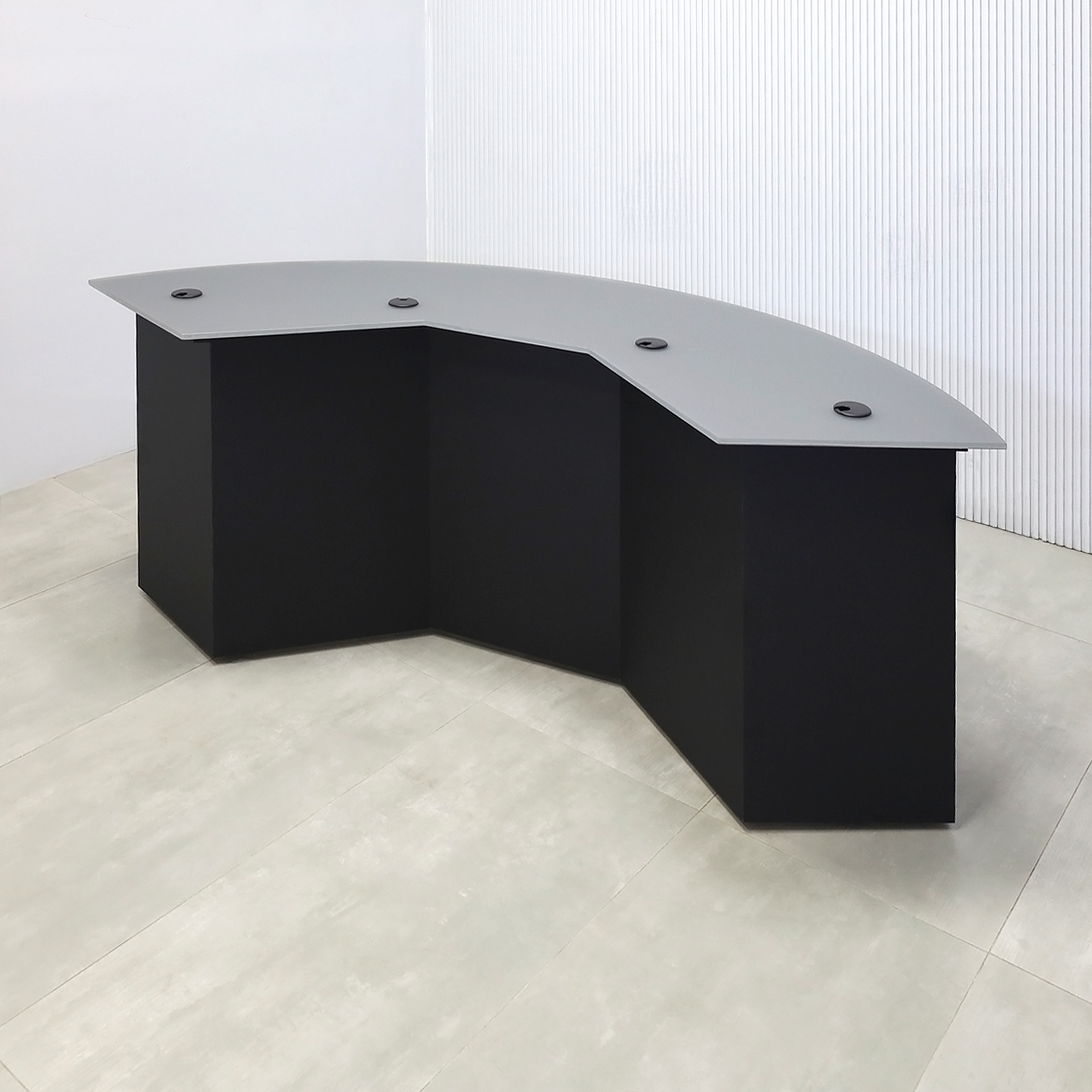 90-inch Tampa Bay Podcast Table with Satin Glass Dark Gray Storm Sky top, Black Traceless Laminate front base, Black Cinder Matte Laminate Back Base, and Colored LED. 