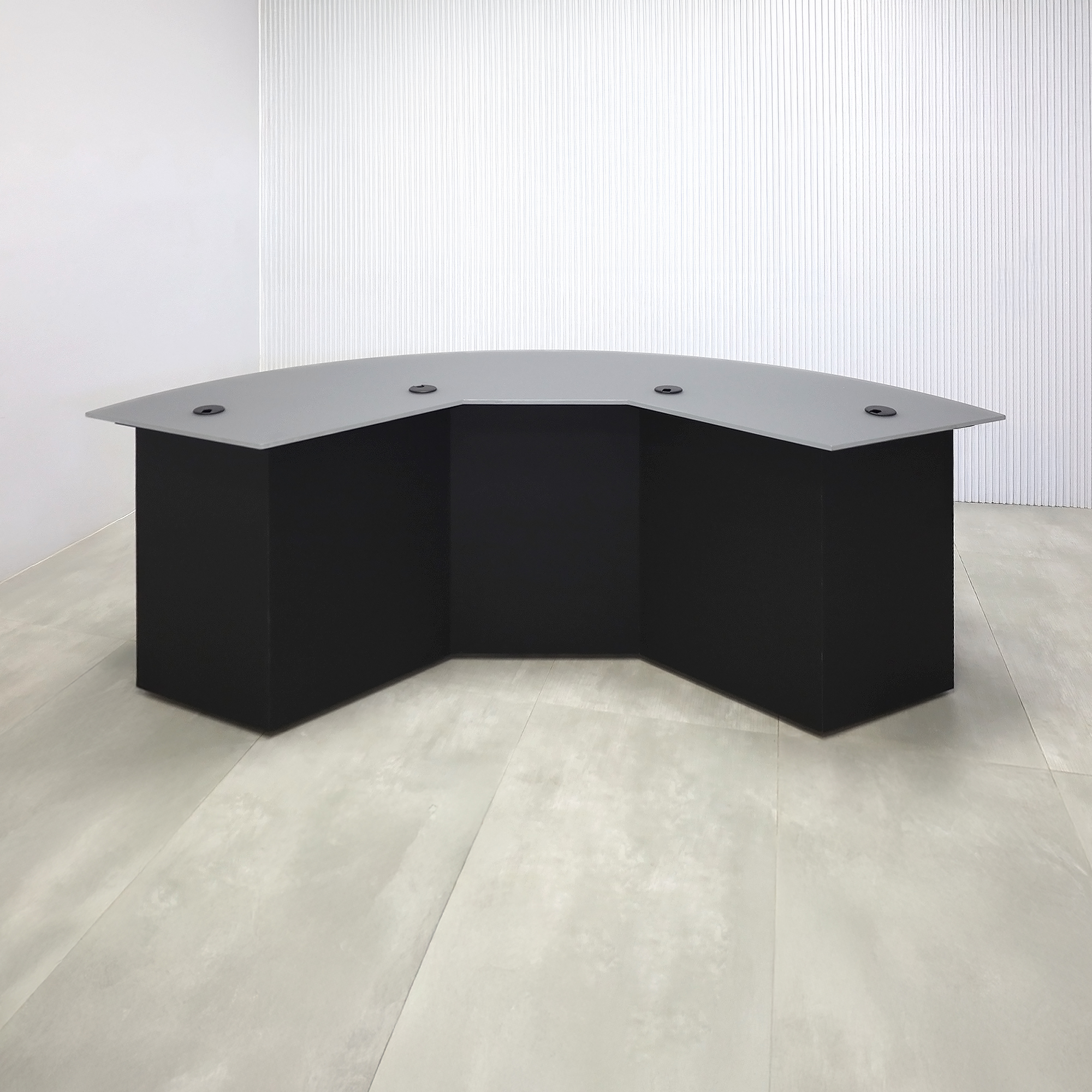 90_Inch Tampa Bay Podcast Table with Satin Glass Dark Gray Storm Sky top, Black Traceless Laminate front base, Black Cinder Matte laminate back base, and Colored LED.