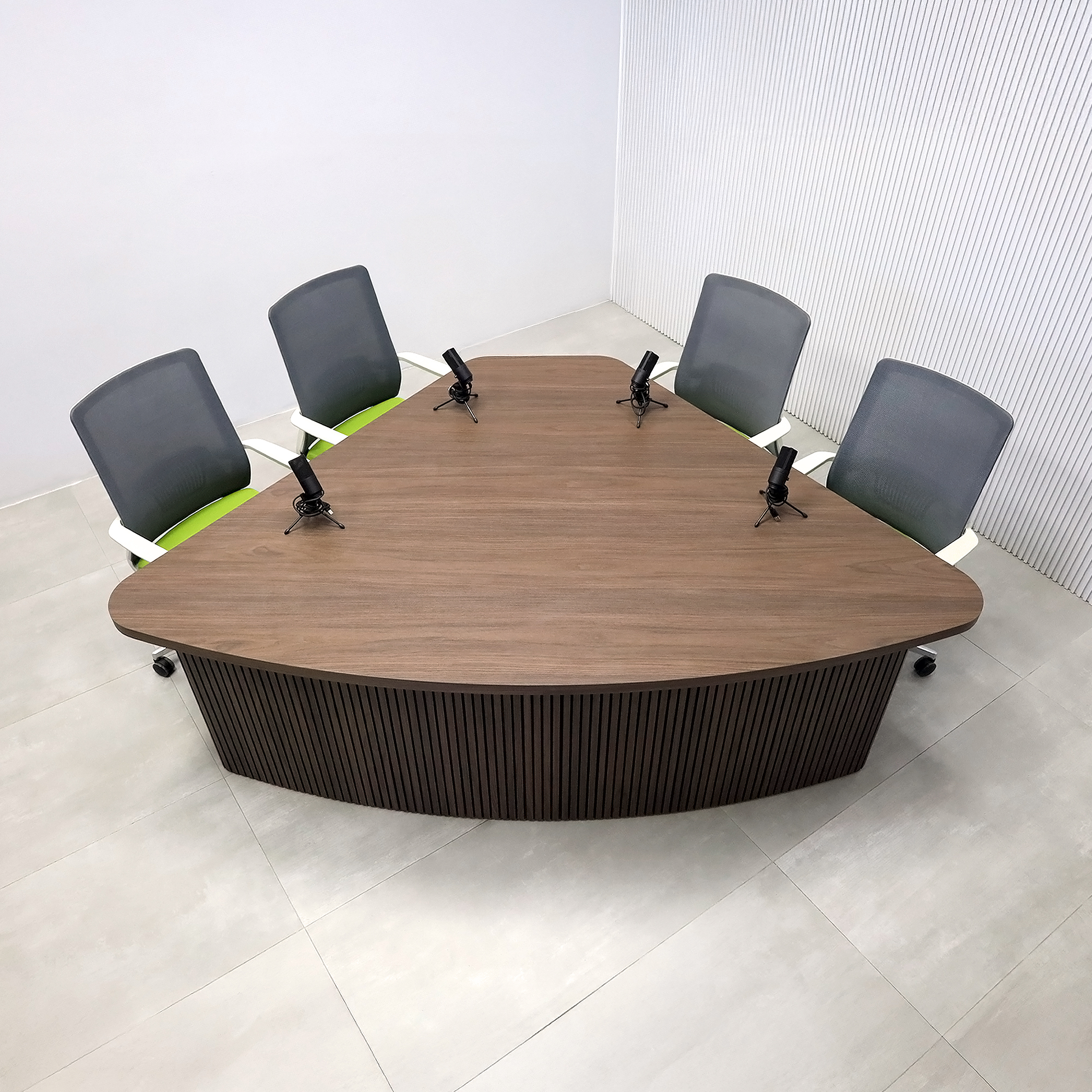 90-inch Madison Podcast Table with Walnut Pb Ember 8286K Wilsonart top, Walnut Pb Ember 8286k Wilsonart & Black tambour front base, and Black matte laminate back base.