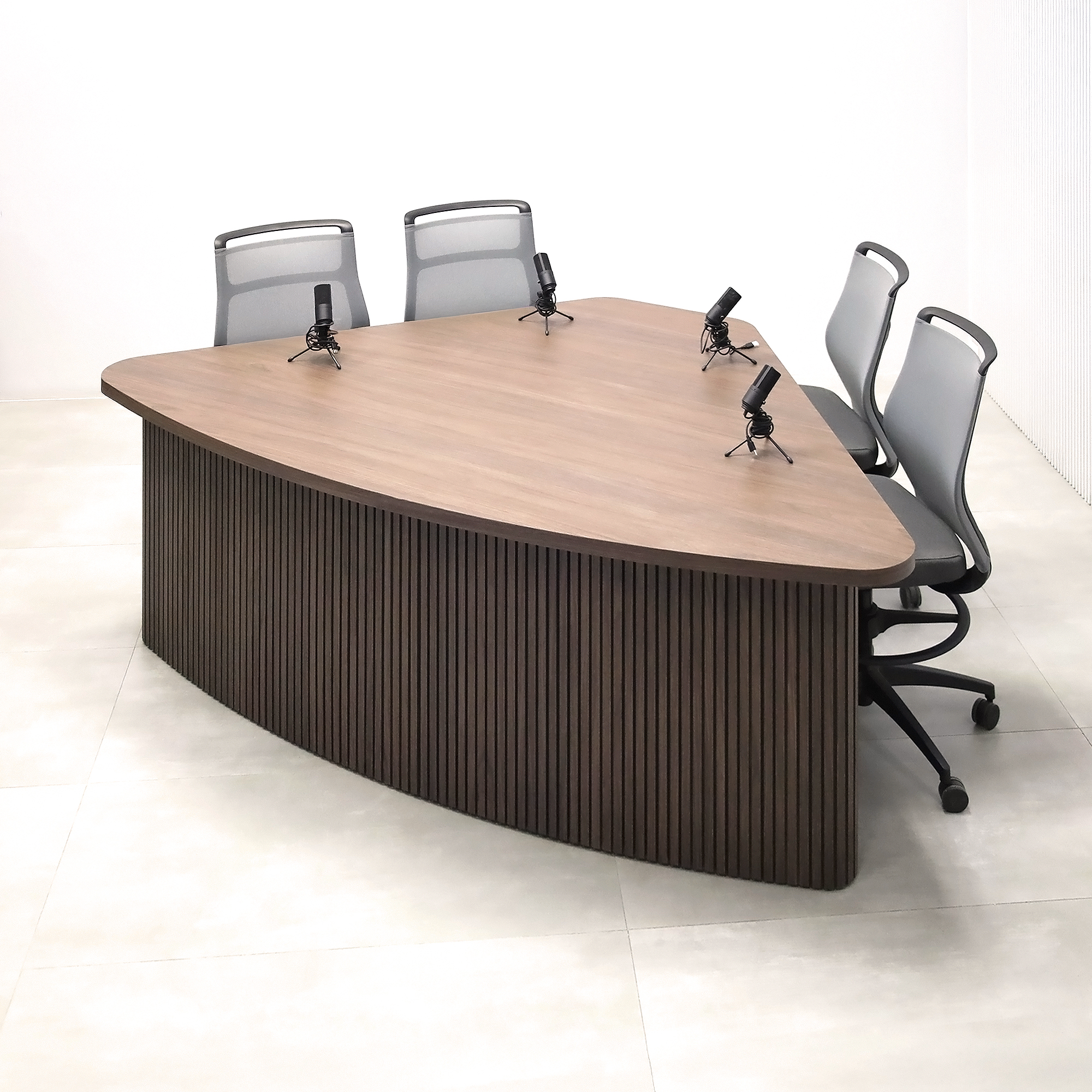 90-inch Madison Podcast Table with Walnut Pb Ember 8286K Wilsonart top, Walnut Pb Ember 8286k Wilsonart & Black tambour front base, and Black matte laminate back base.