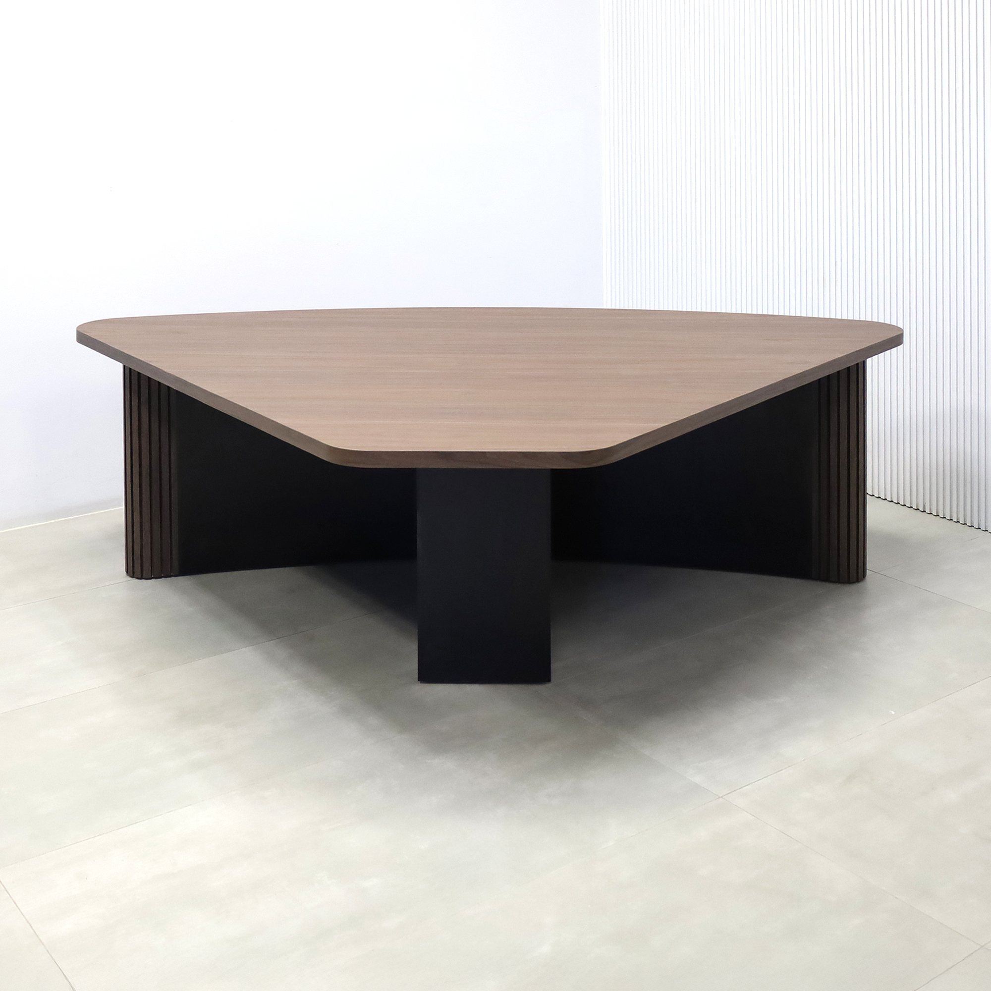 90-inch Madison Podcast Table with Walnut Pb Ember 8286K Wilsonart top, Walnut Pb Ember 8286k Wilsonart & Black tambour front base, and Black matte laminate back base.