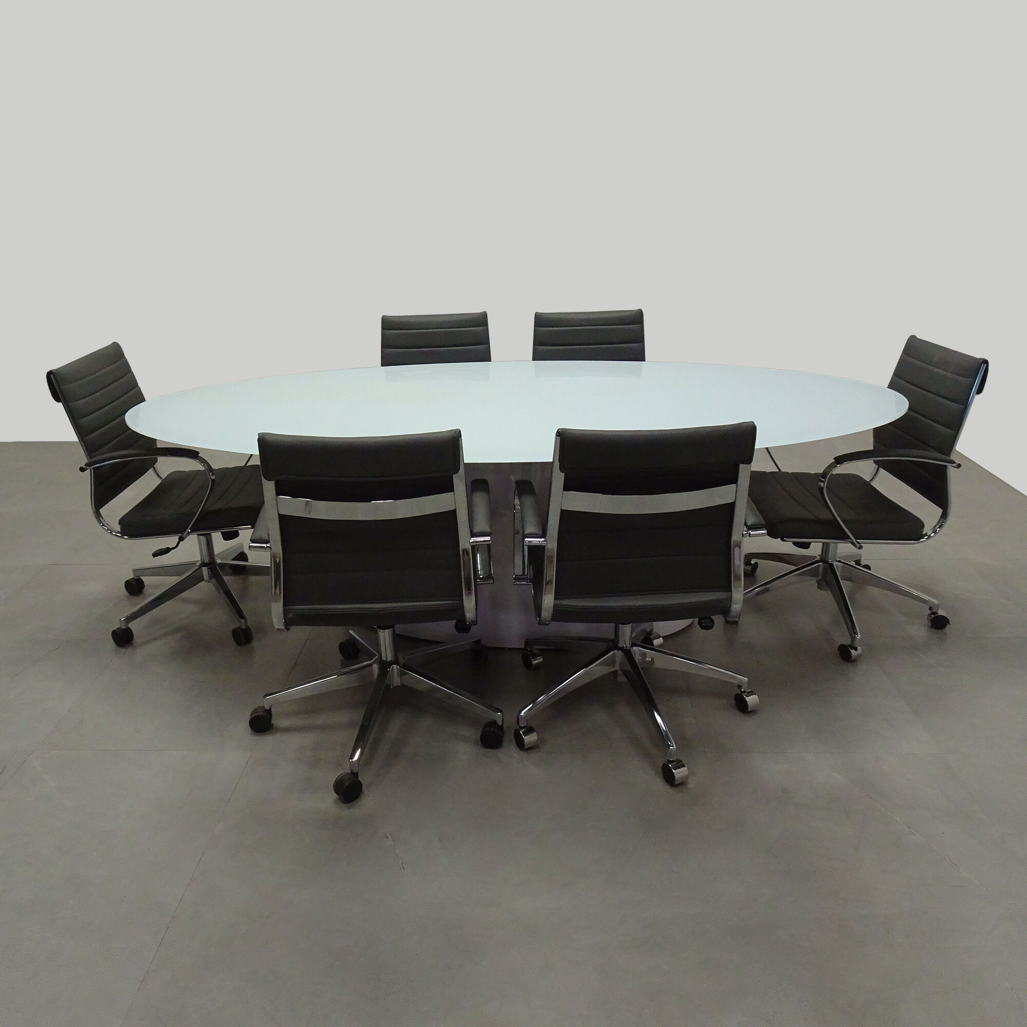 90-inch Omaha Oval Conference Table in 1/2-inch tempered glass top, and white gloss laminate base.