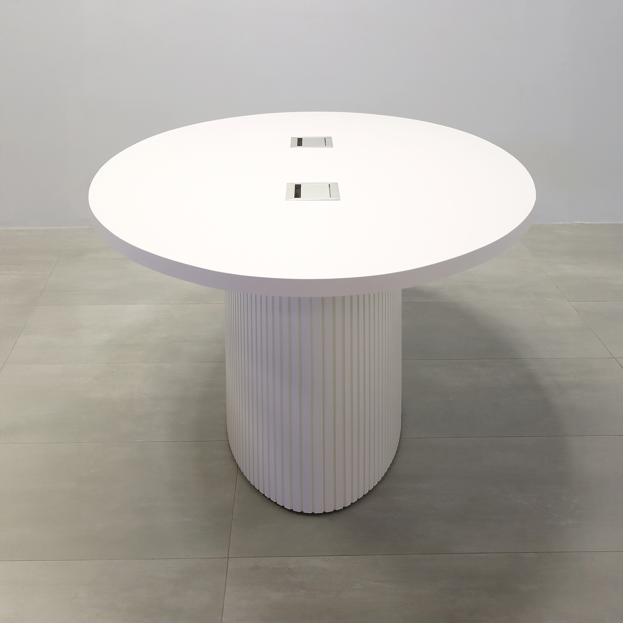 90-inch Newton Oval Conference Table with White Matte laminate top, White Matte tambour base, and Mx3 in Silver.