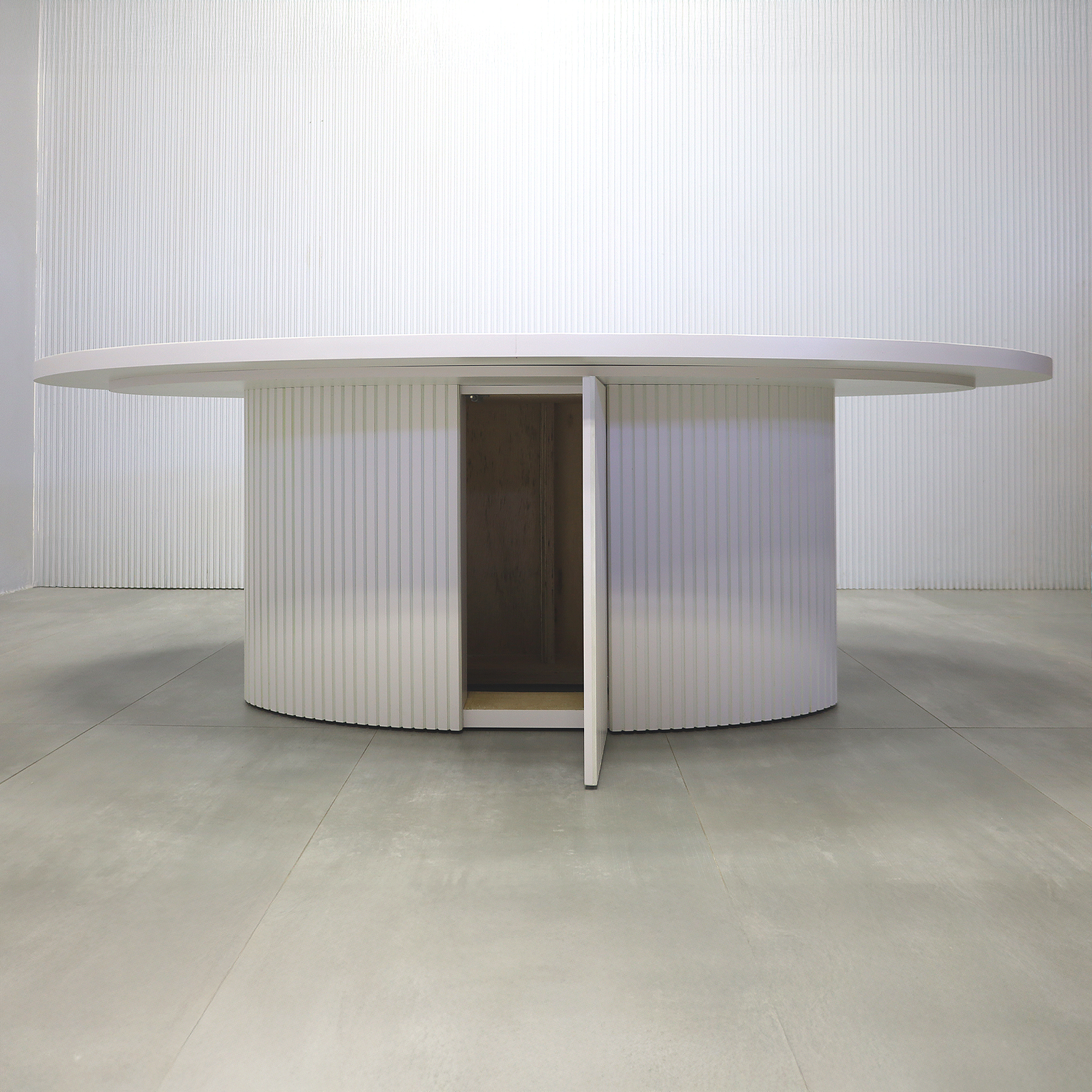 90-inch Newton Oval Conference Table with White Matte laminate top, White Matte tambour base, and Mx3 in Silver.