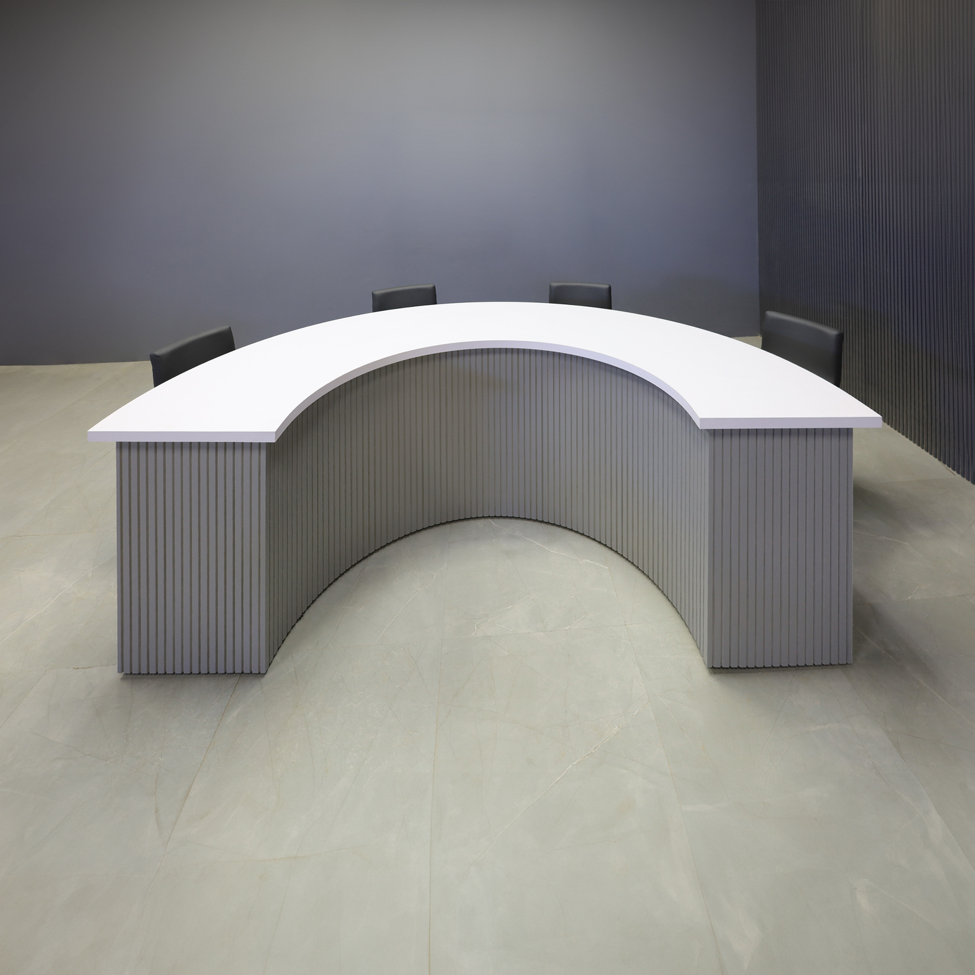 90-inch Handmade Custom Modern Podcast Table Half Moon in white matte laminate top & back base, and fog gray tambour front base.