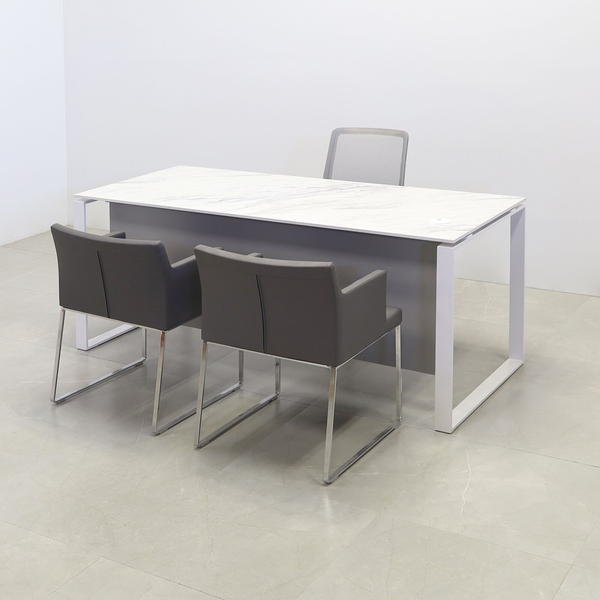 Aspen Straight Executive Desk With 1/2" calcutta blanc engineered surface top, fog gray matte laminate privacy panel, and white metal legs, shown here.