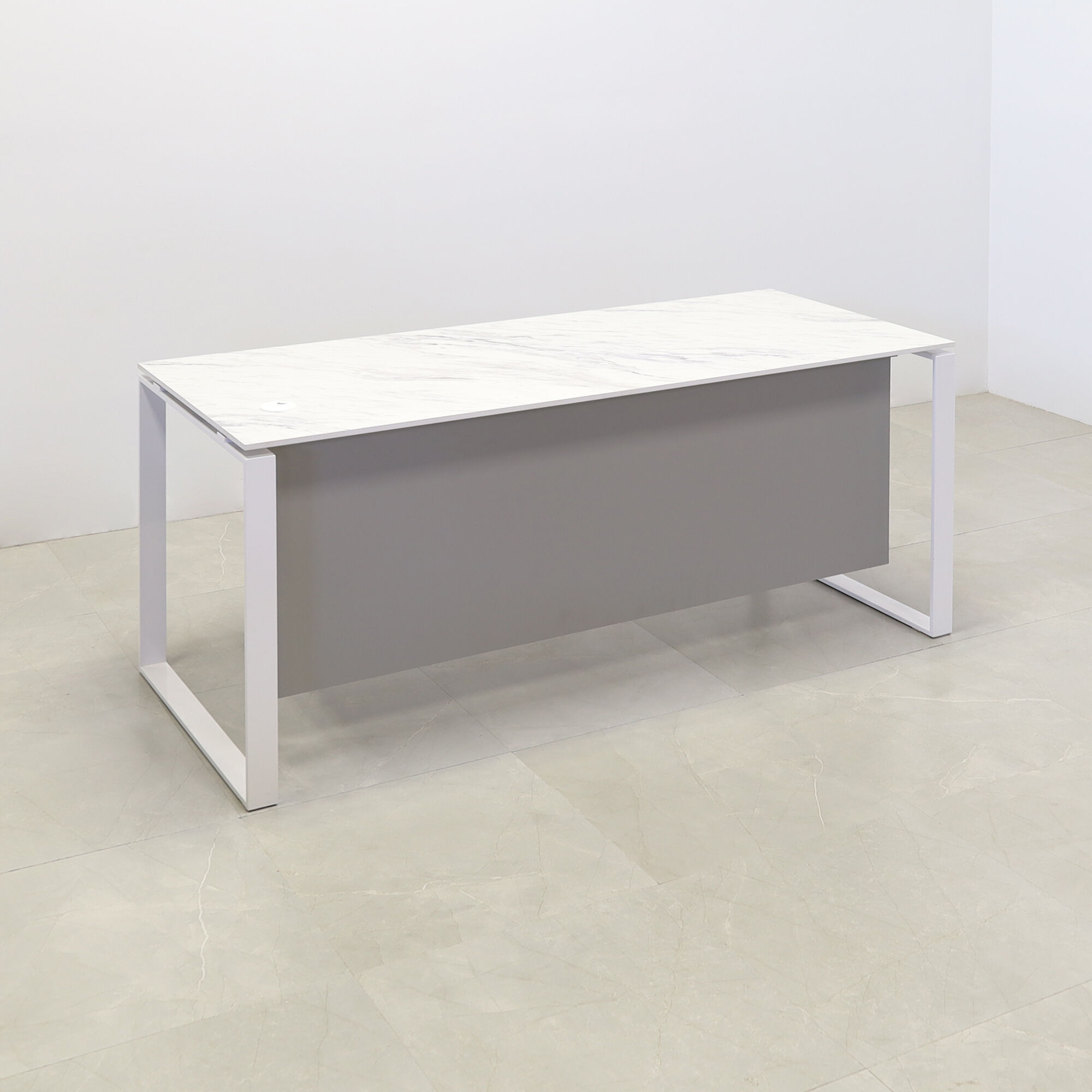 Aspen Straight Executive Desk With 1/2" calcutta blanc engineered surface top, fog gray matte laminate privacy panel, and white metal legs, shown here.