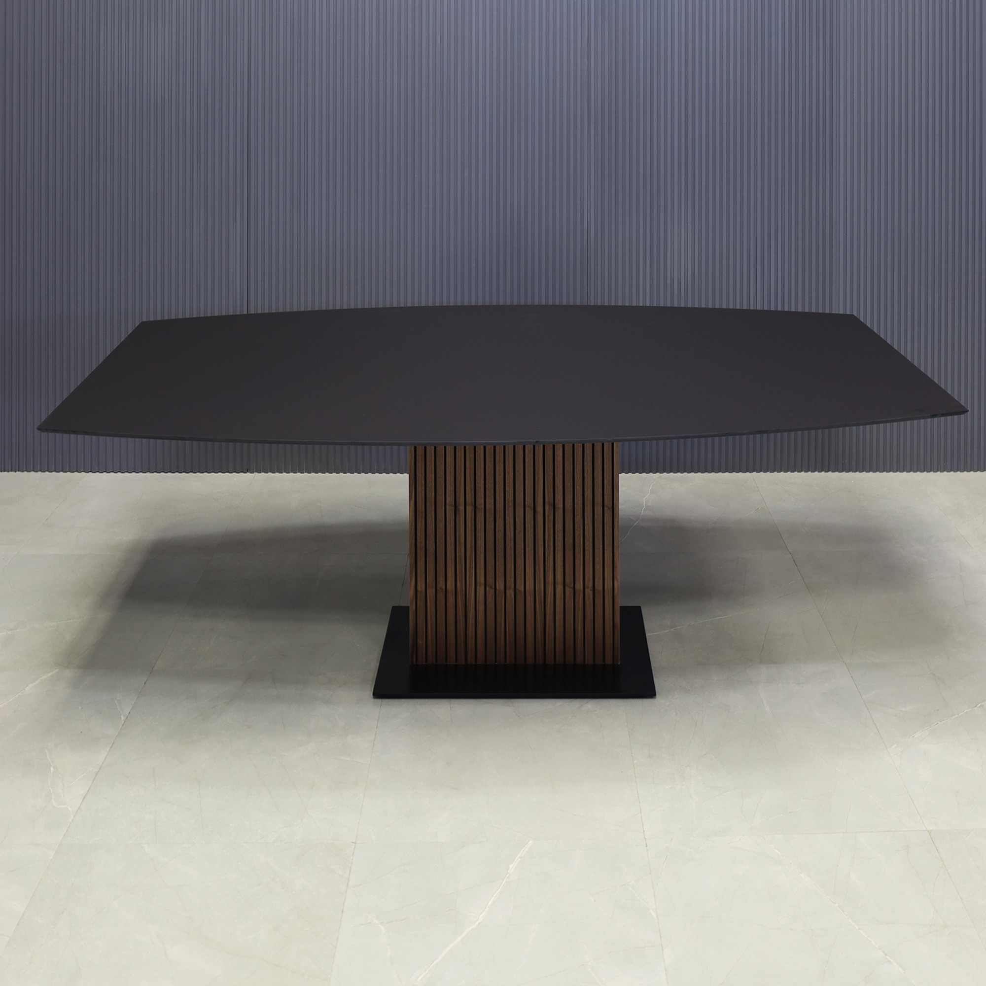 72-inch Aurora Boat Conference Table with black OPAK engineered surface top, and walnut tambour with black base.