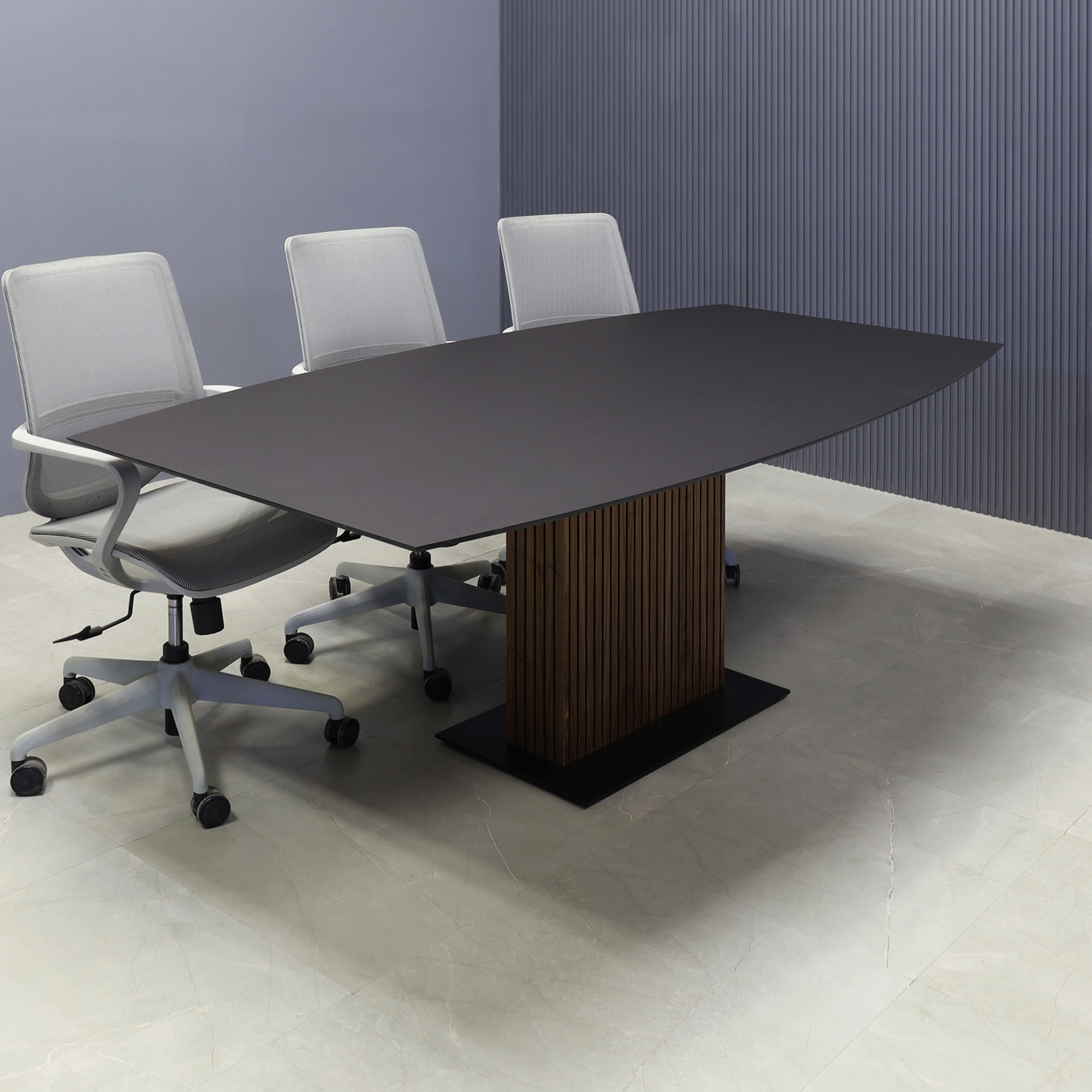 72-inch Aurora Boat Conference Table with black OPAK engineered surface top, and walnut tambour with black base.