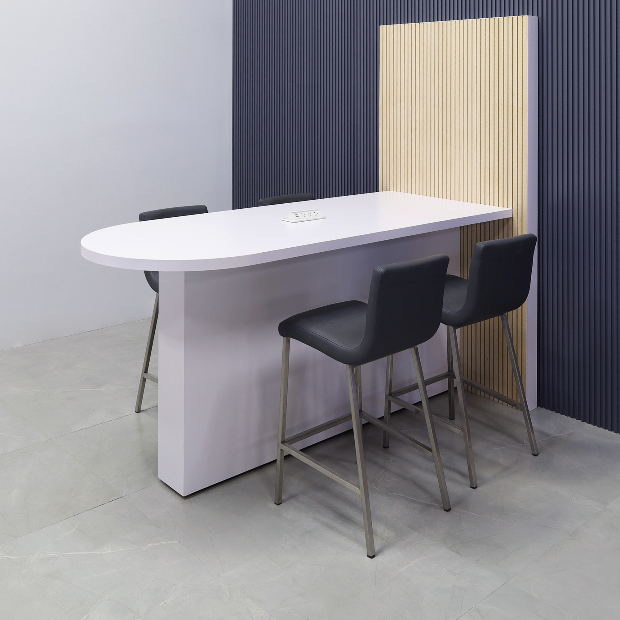 72-inch Weight and 36-inch Height, Westin Collaboration and Training Table in white matte laminate top and base, with maple veneer tambour wall, and 1 white powerbox, shown here.