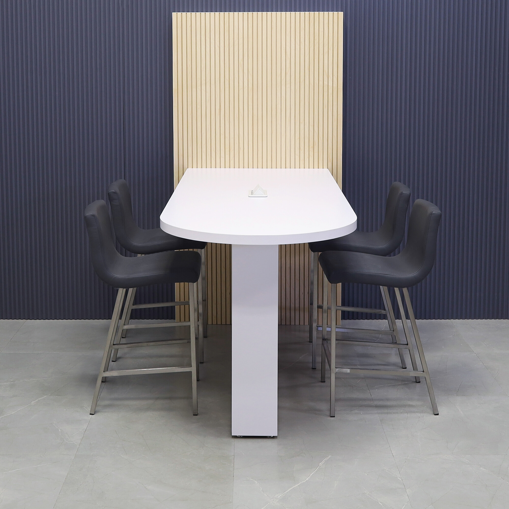 72-inch Weight and 36-inch Height, Westin Rec Collaboration and Training Table in white matte laminate top and base, with maple veneer tambour wall, and 1 white powerbox, shown here.