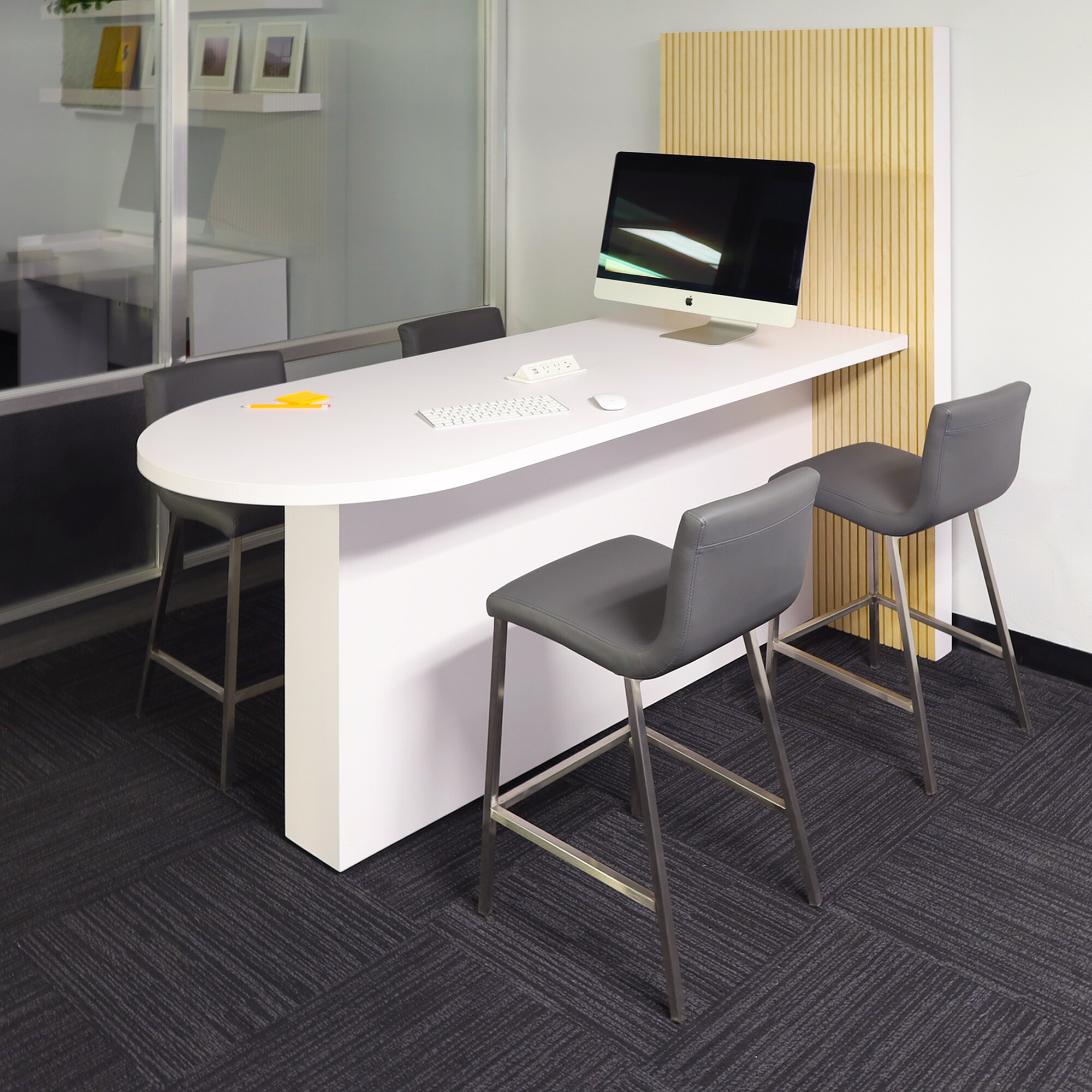 72-inch Weight and 36-inch Height, Westin Collaboration and Training Table in white matte laminate top and base, with maple veneer tambour wall, and 1 white powerbox, shown here.