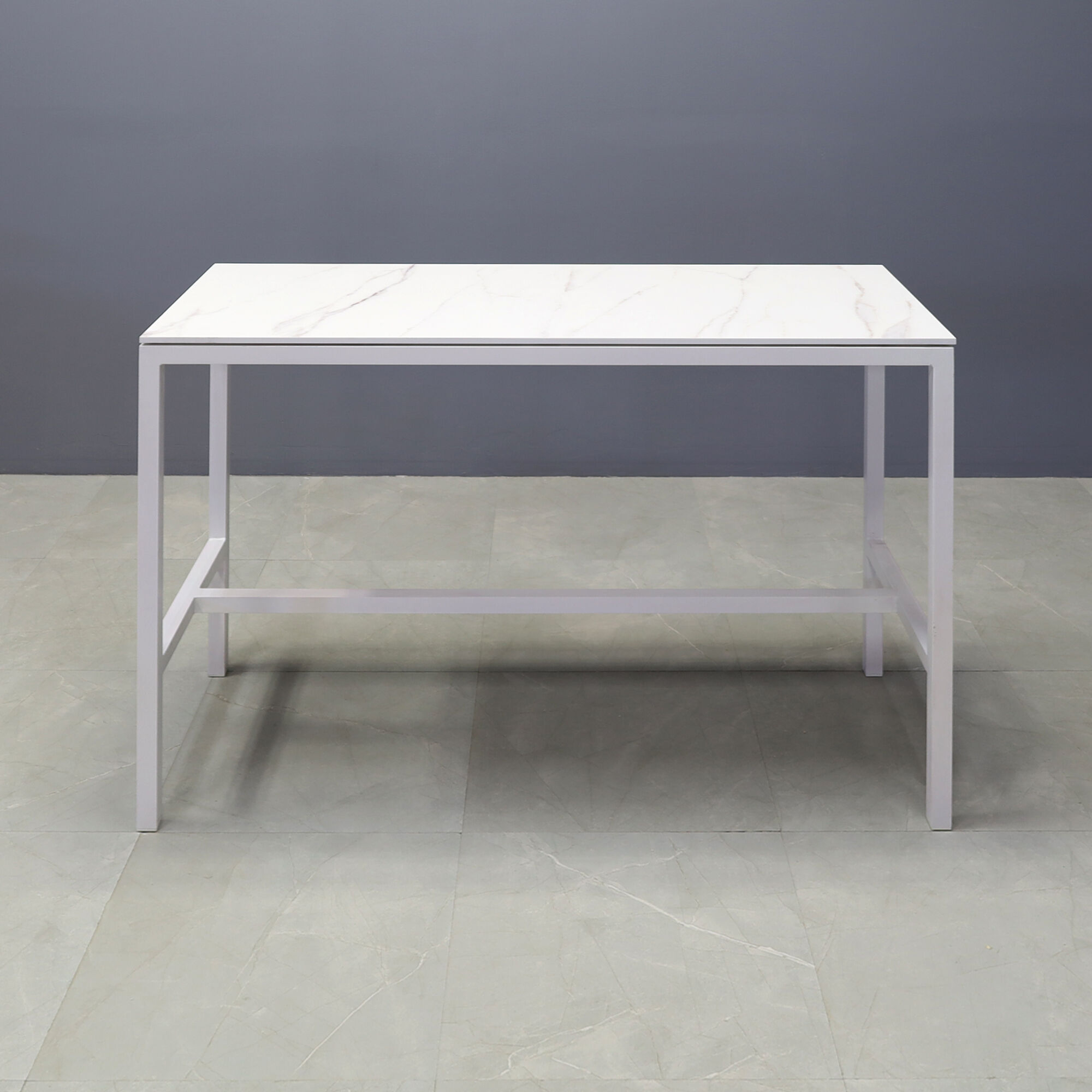 60-inch Aspen Engineered Surface Bar Table in 1/2" engineered surface bar table and white aluminum frame, shown here.