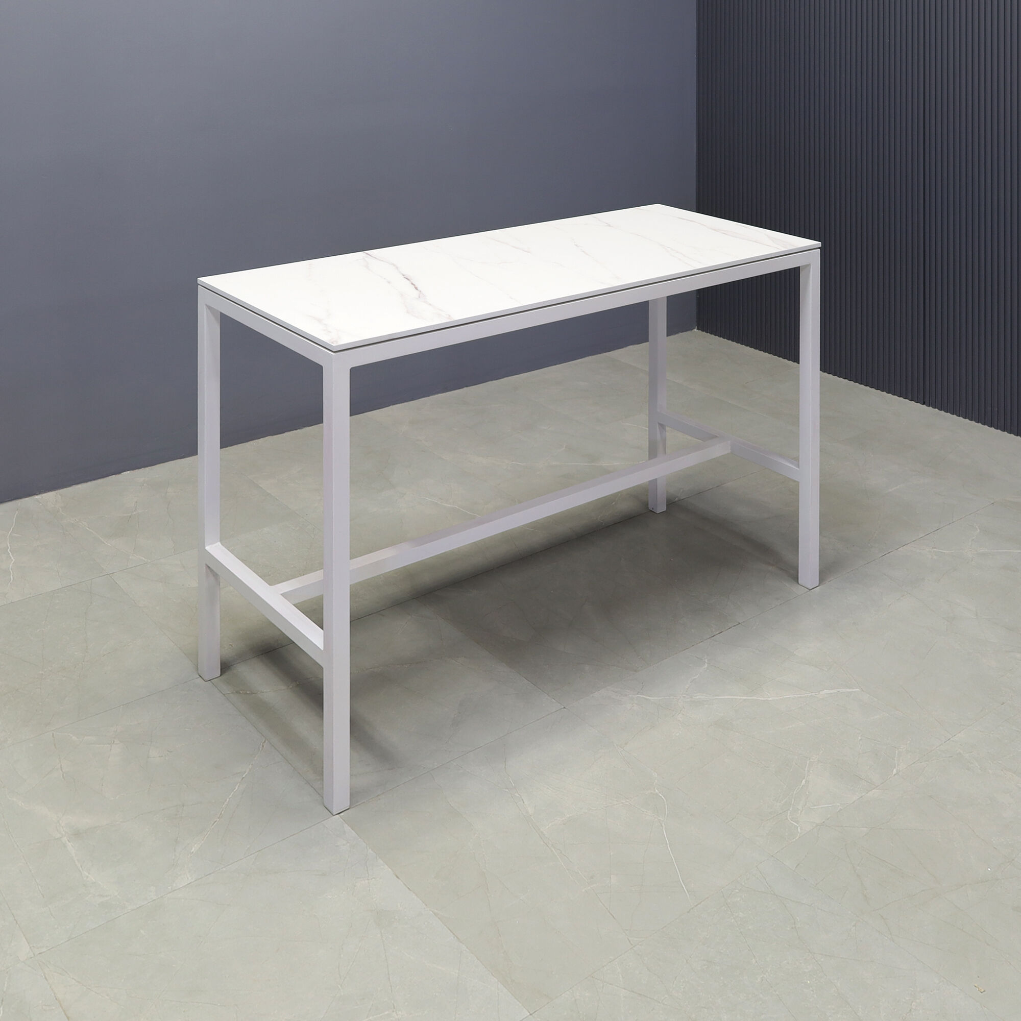60-inch Aspen Engineered Surface Bar Table in 1/2" engineered surface bar table and white aluminum frame, shown here.