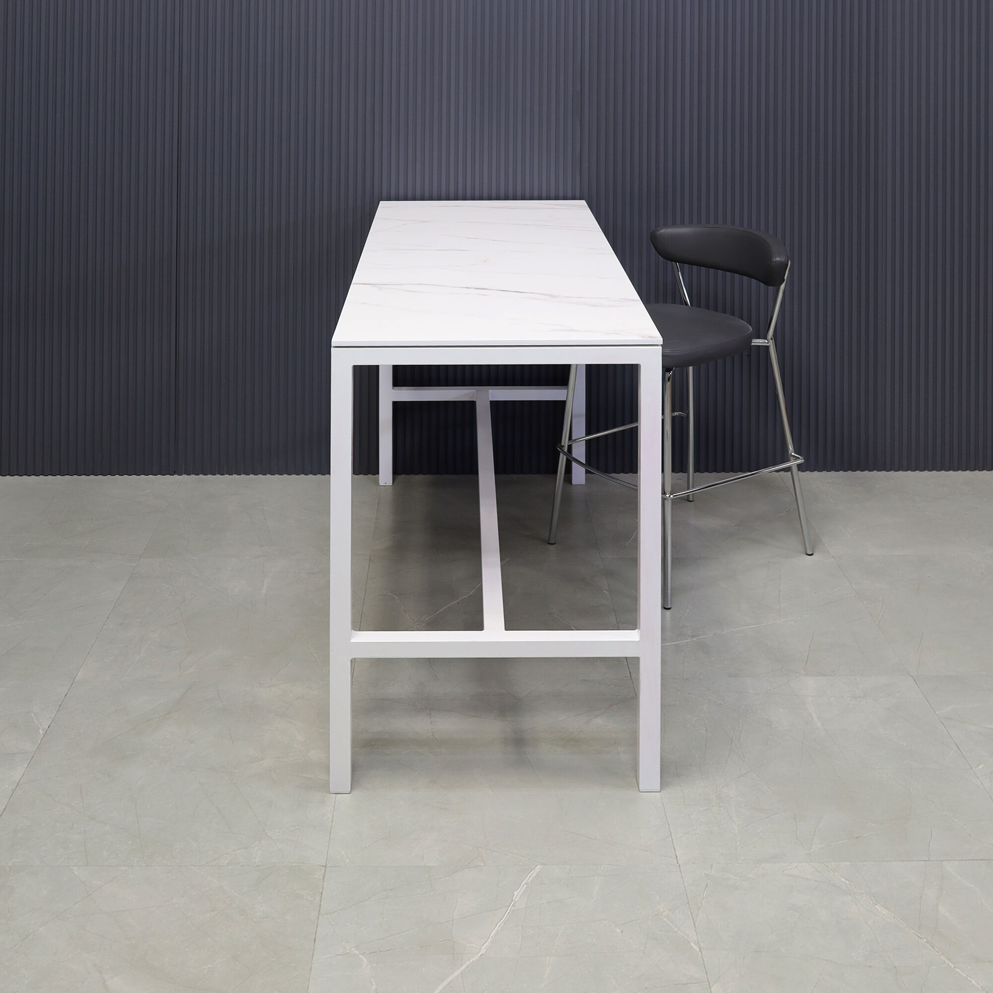 60-inch Aspen Engineered Surface Bar Table in 1/2" engineered surface bar table and white aluminum frame, shown here.