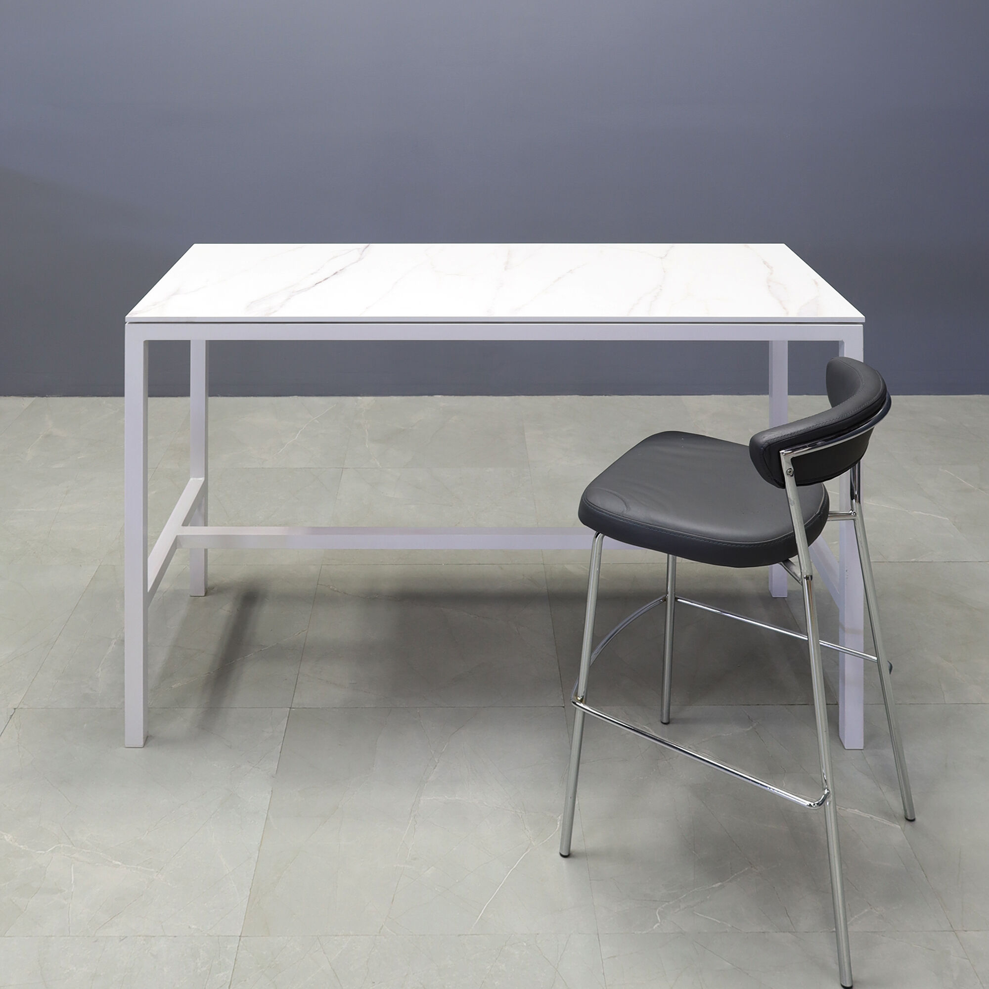 60-inch Aspen Engineered Surface Bar Table in 1/2" engineered surface bar table and white aluminum frame, shown here.