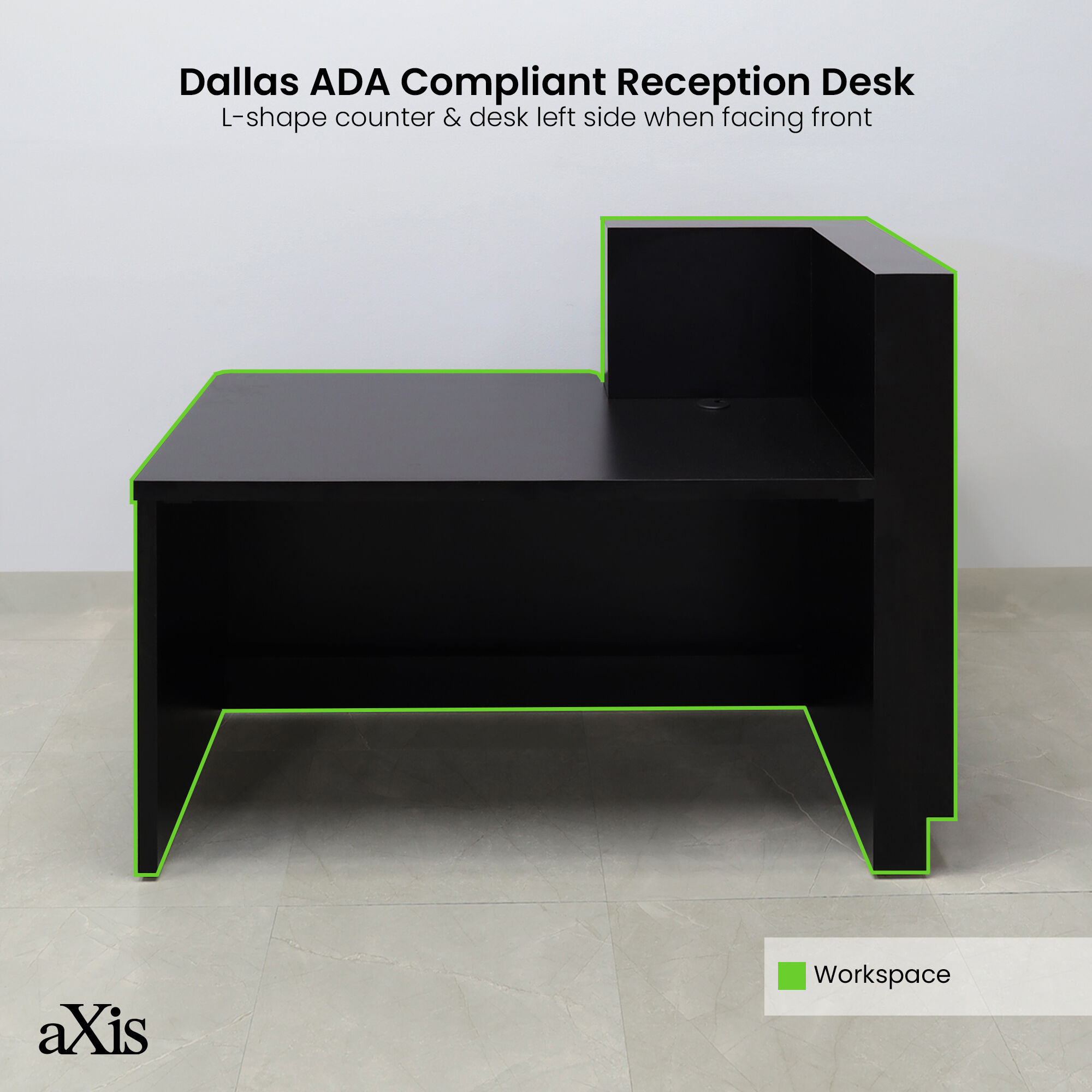 60-inch Dallas ADA Compliant Counter Custom Reception Desk, l-shape counter & desk on the left side when facing front in black matte laminate and brushed aluminum toe-kick.