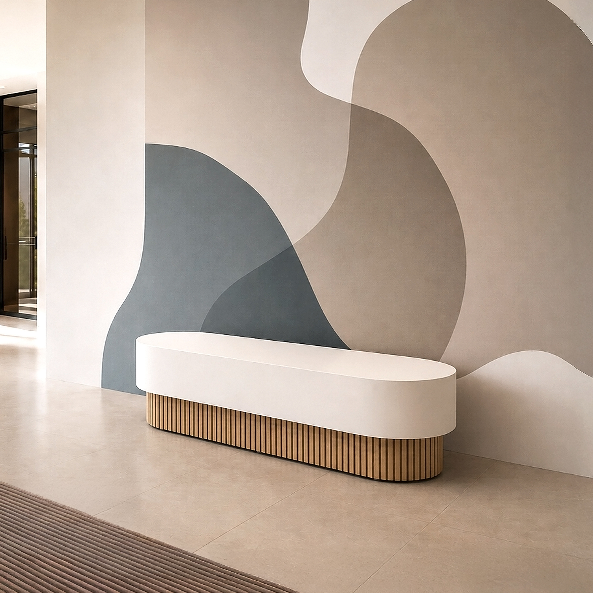 60-inch Pill Bench with X2 Base in Dover Off-White laminate main body, and White Oak tambour base.
