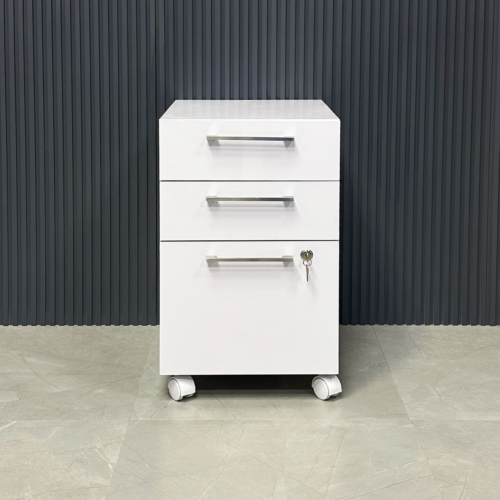 Naples Custom Mobile Storage Cabinet in white gloss laminate, and lock on third drawer.
